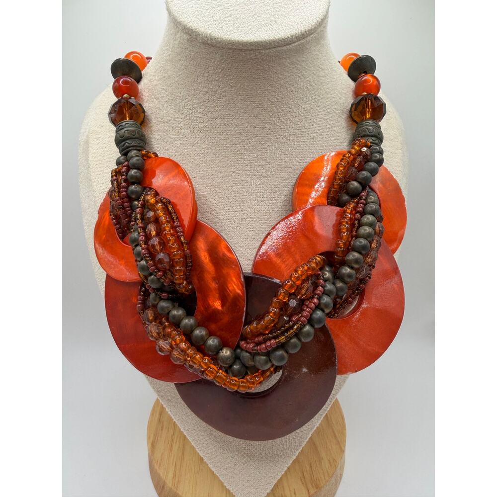 ORANGE & BROWN Chunky Statement Beaded Strand 9” Drop Necklace